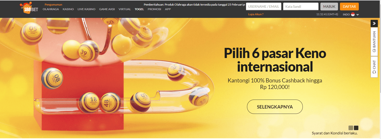 Cashback Rp 120.000 dari Kekalahan di Keno dan Togel 188BET